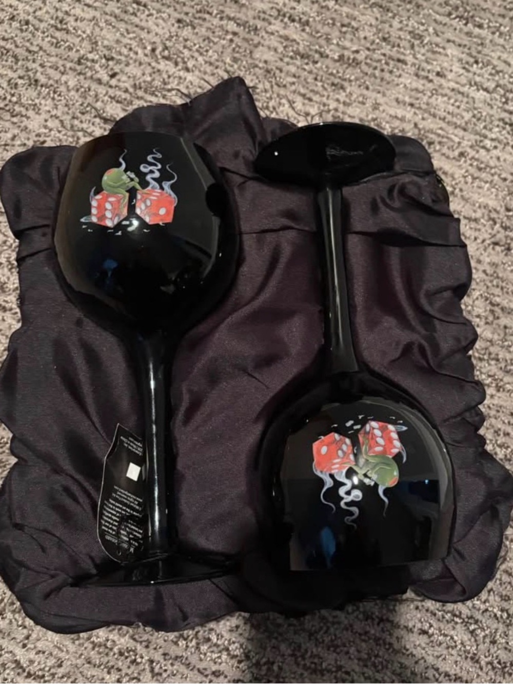 MICHAEL GODARD "SMOKING HOT DICE" ON BLACK WINE GLASSES
